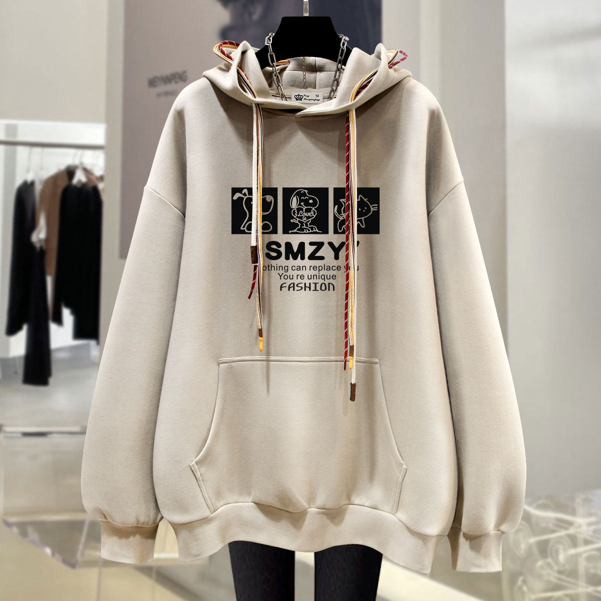 连帽卫衣女加绒2025新款春秋冬季薄款可爱卡通宽松带帽外套中长款