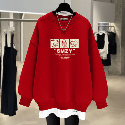 红色假两件卫衣女加绒2025新款春秋冬薄款可爱卡通宽松圆领中长款