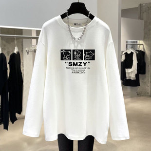 白色磨毛t恤女长袖2025新款春秋冬可爱卡通宽松德绒打底衫中长款