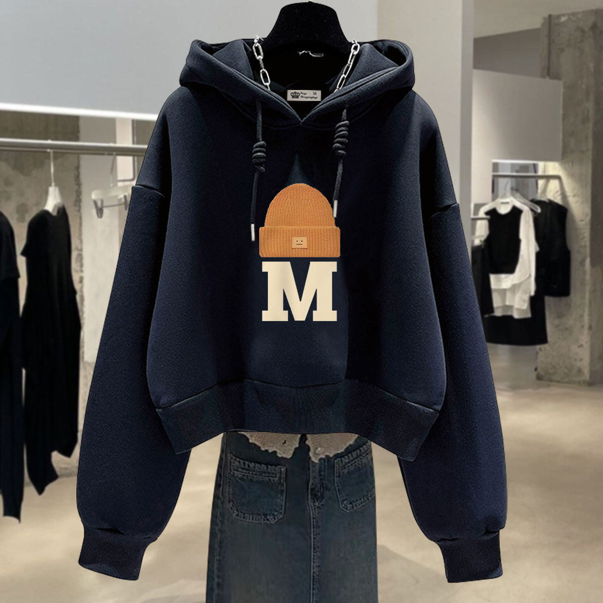 2026春秋冬季新款美式字母加绒加厚宽松长袖套头短款连帽卫衣女潮
