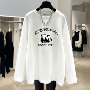 白色磨毛t恤女长袖2025新款春秋冬季小熊猫宽松德绒打底衫中长款