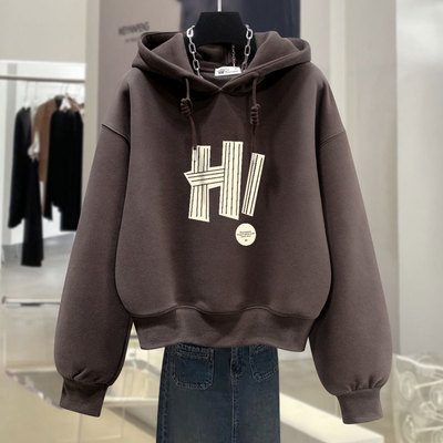 加绒宽松短款字母印花连帽卫衣女