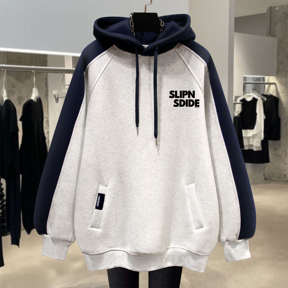 撞色连帽卫衣女加绒2025新款春秋冬薄款口袋插肩袖宽松外套中长款