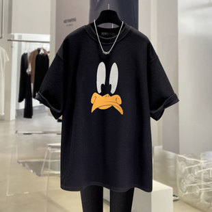 宽松遮屁股欧货下衣失踪 T恤女2025夏季 卡通唐老鸭中长款 纯棉短袖