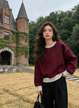 红色卫衣女加绒2026新款春秋冬薄款韩版慵懒风宽松撞色假两件上衣