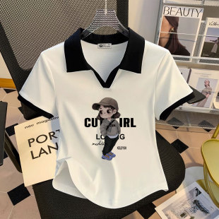 白色Polo领短袖t恤女短款2026新款夏季带帽女孩下摆弧形修身上衣