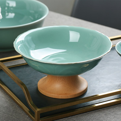 青瓷水果盘创意木瓷结合小号高脚碗高档中式茶点盘子家用贡盘餐具