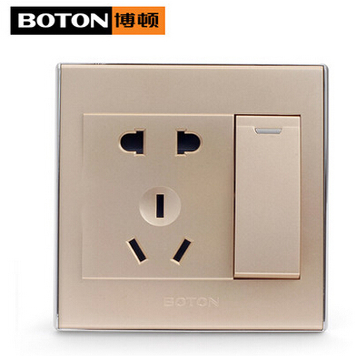 博顿2v 墙壁家用 电器开关 86香槟金一开五孔烤漆面不褪色