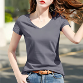 夏季 2025新款 洋气修身 烟灰色t恤女短袖 百搭体恤韩版 显瘦v领上衣潮