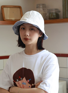 俏皮荷叶边蓝白格纹渔夫帽女春夏遮阳防晒可折叠蝴蝶结盆帽显脸小