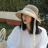 复古法式 赫本风帽子大檐草帽女夏海边沙滩遮阳帽防晒帽自带防风绳