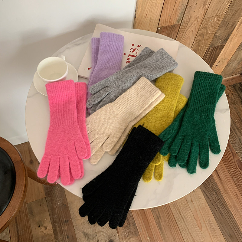 1212兔毛长款针织五指保暖手套纯色百搭女冬韩版全指手套学生护腕