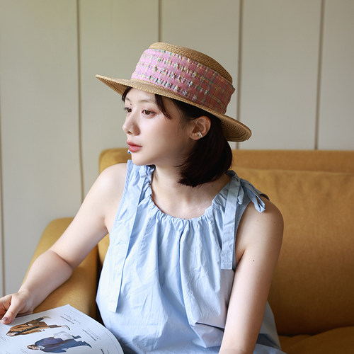7cm帽檐ins风韩系格纹草编平顶帽夏季遮阳帽防晒百搭平檐小礼帽