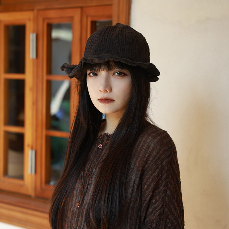 小众感不规则花边亚麻渔夫帽女夏薄款透气短檐盆帽日系可折叠帽子