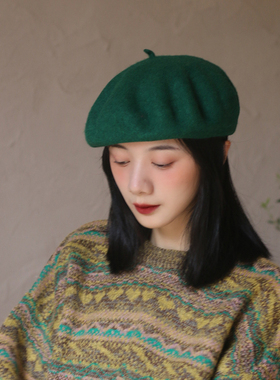 来点圣诞绿/绿色系复古日系羊毛呢贝雷帽秋冬气质小众画家蓓蕾帽