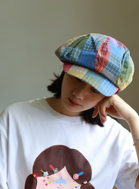 彩色画家」复古拼色格子八角帽女古着感小众报童帽云朵帽子显脸小