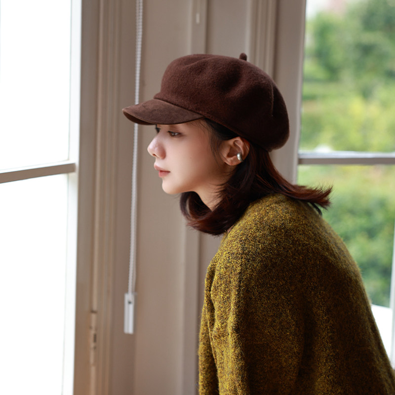 羊毛八角帽女秋冬纯色秋冬厚实贝雷帽韩版潮日系画家帽报童帽