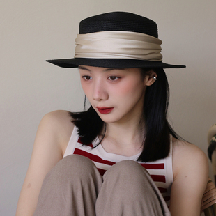 轻法式 防晒帽 复古黑色小礼帽仿缎面平顶平檐草帽宽檐遮阳帽女夏季