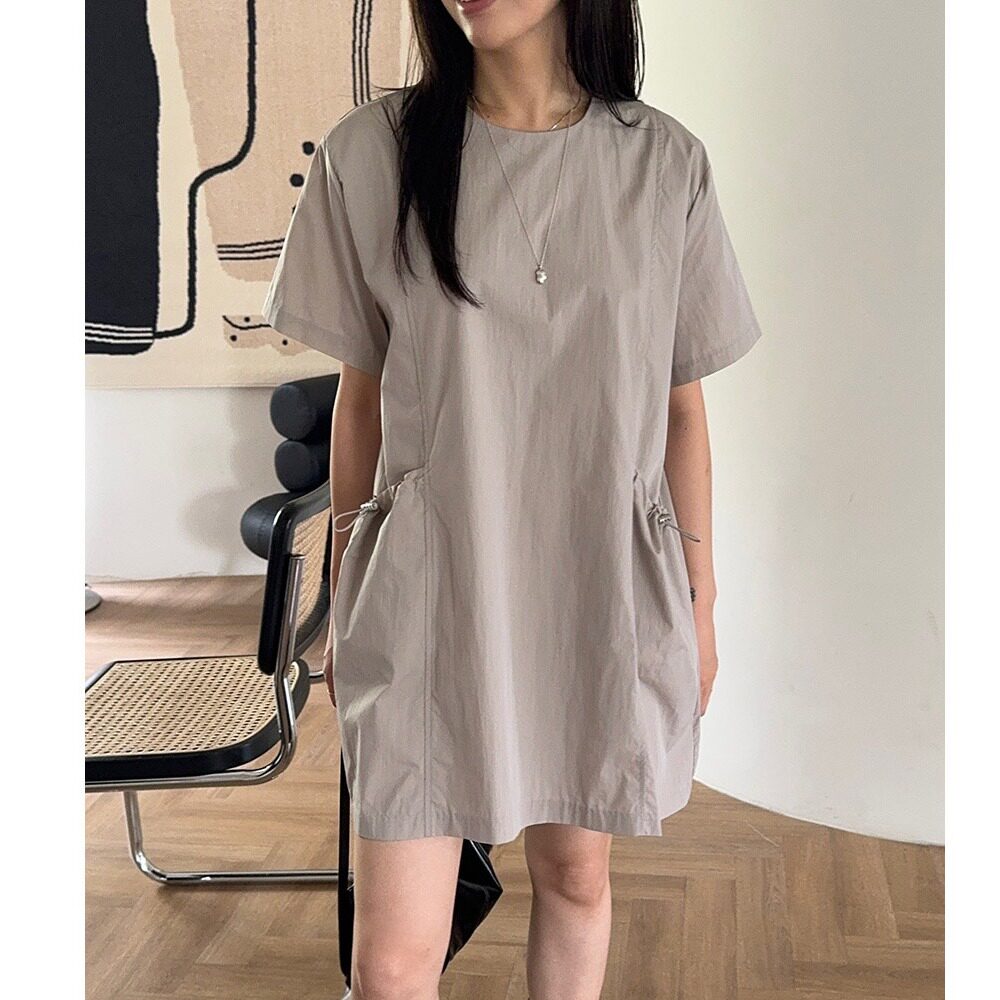 韩国chic夏季新款中长裙子女装法式复古小众圆领宽松大口袋连衣裙