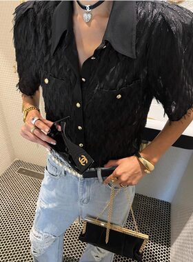 2026设计感翻领流苏短袖衬衫女夏季新款洋气百搭短款蕾丝衫上衣