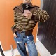 东大门秋冬翻领拼色条纹双拉链绵羊毛针织开衫 女宽松百搭毛衣外套