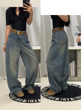 韩版宽松休闲水洗牛仔裤女春季新款高腰显瘦直筒配腰带阔腿裤9502