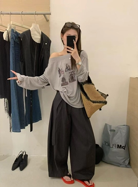 Me town's韩版宽松显瘦一字领印花长袖薄T恤女休闲防晒上衣Q8810