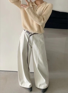 TOP约澜83120-1韩版时尚高腰磨毛阔腿裤女冬配腰带休闲裤直筒长裤