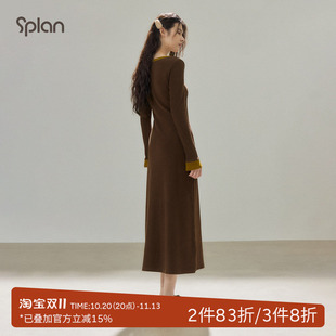 SPLAN轻运动修身优雅连衣裙简约休闲V领拼色喇叭袖A字裙气质长裙