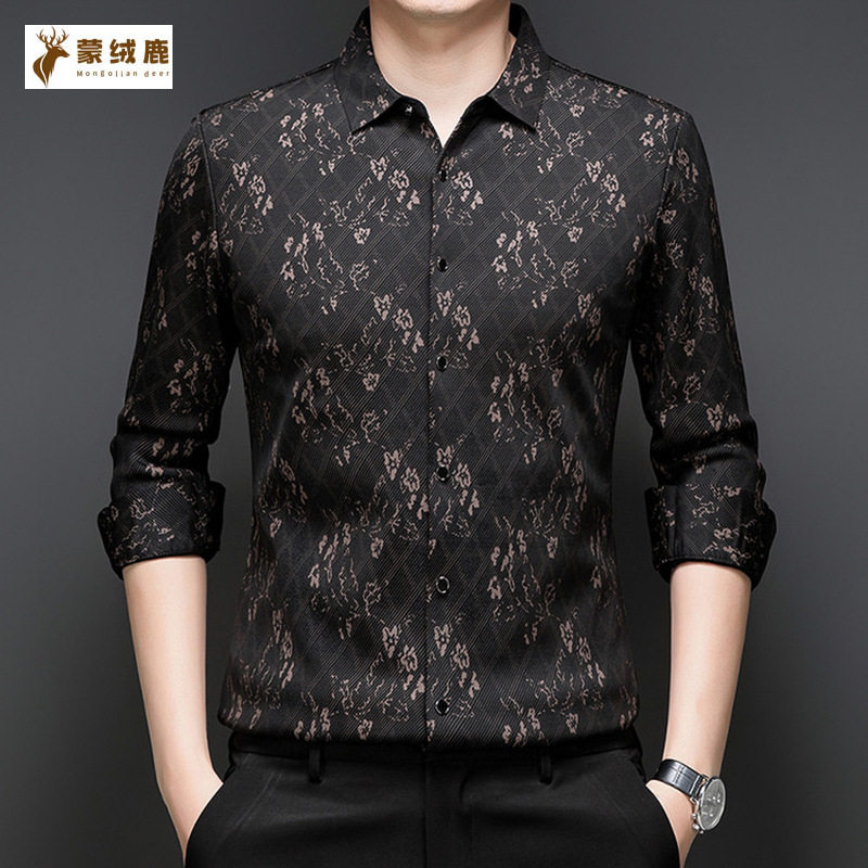 男士保暖内衣加绒衬衫保暖衬衣新款秋冬季长袖加厚印花中青年男装