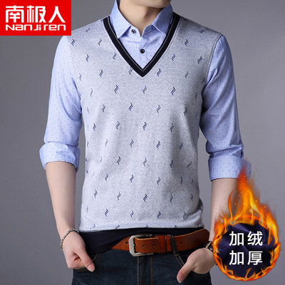 2024年新品男士保暖内衣假两件潮流时尚休闲衬衫加厚加绒长袖t恤