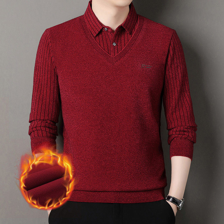 2026新款男士保暖内衣红假两件加绒加厚保暖冬季翻领中年爸爸男装
