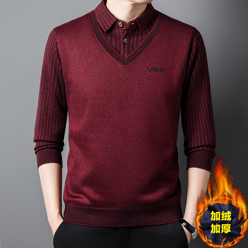 冬季加绒假两件男士内衣休闲保暖翻领t恤中老年加厚大红上衣男装