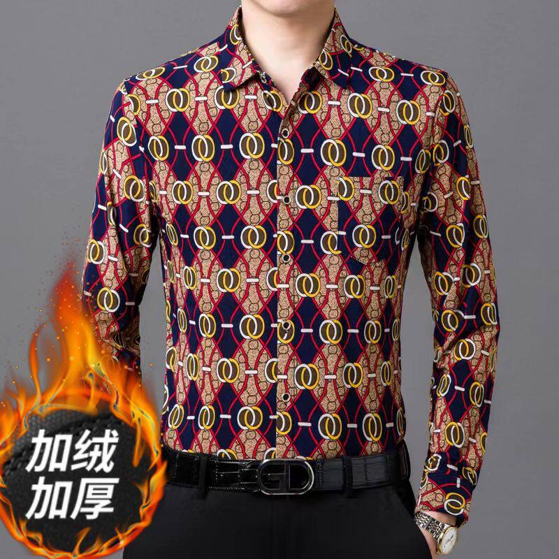 长袖衬衫男士保暖内衣中年加绒加厚男休闲印花免烫弹力衬衣真口袋