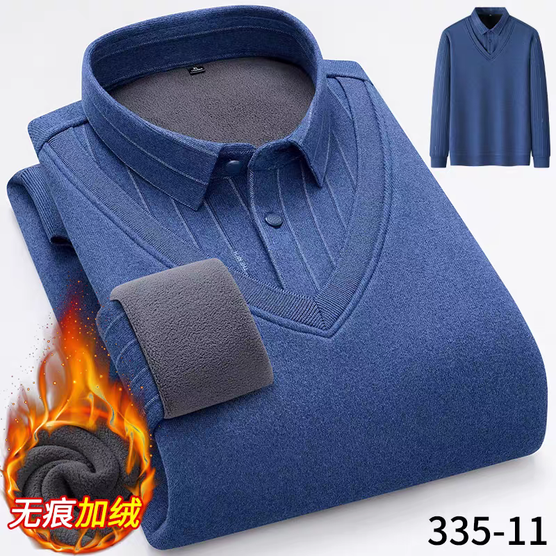 冬季新款假两件毛衣男士衬衫领加绒加厚加绒休闲爸爸装保暖针织衫