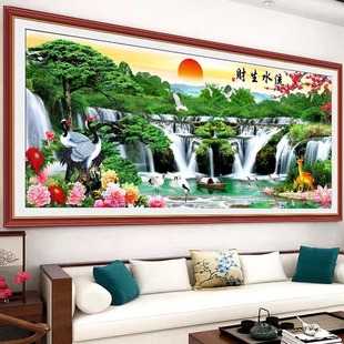 山水画墙贴流水生财风景画客厅装 饰墙壁画电视背景墙自粘墙纸壁画