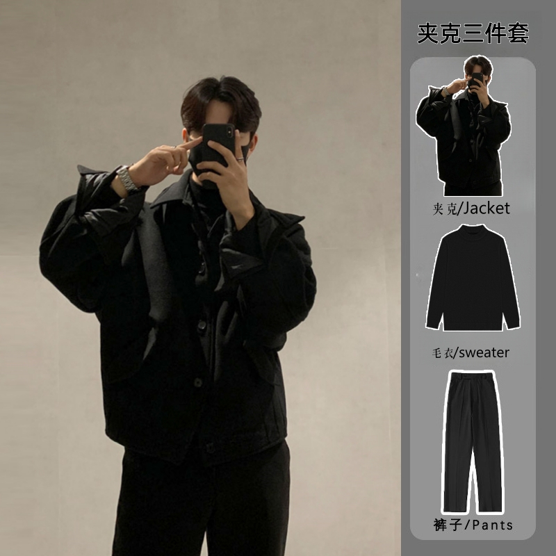 韩版翻领夹克男士套装秋冬季毛呢外套高级感轻熟风男装穿搭三件套