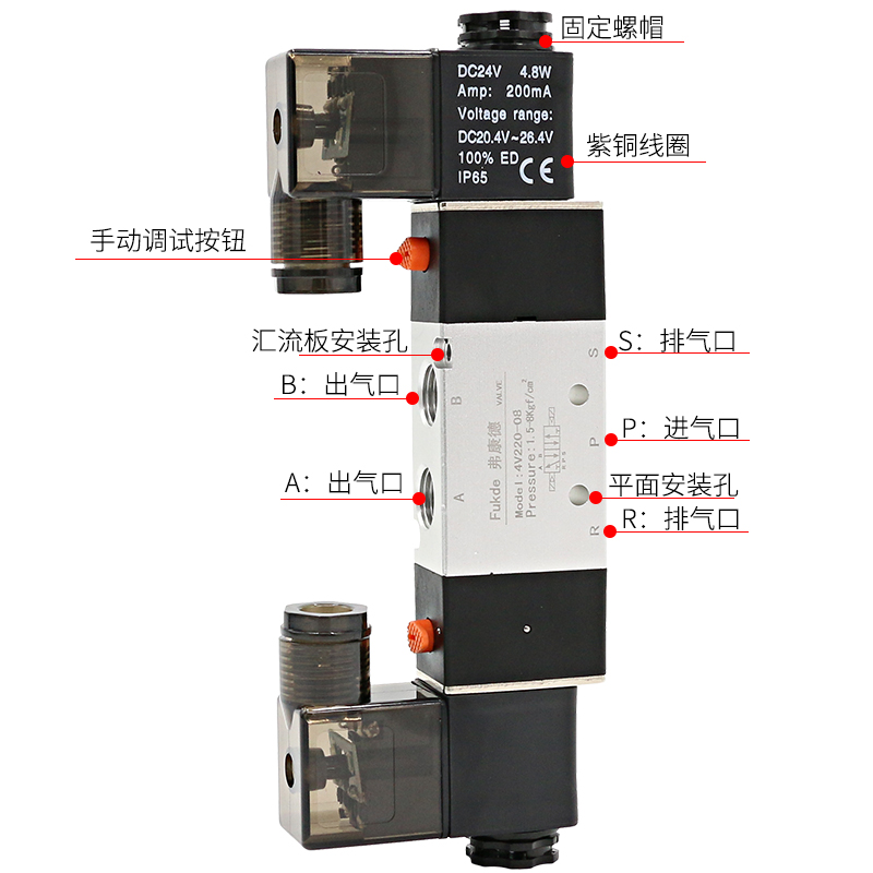 电磁控制阀220v气动线圈24v汇流板底座3位组合气阀4V220-08电磁阀
