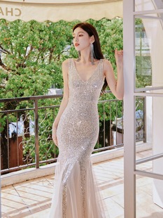 宴会晚礼服女气质时尚高级感细闪亮片连衣裙网纱鱼尾裙长款礼服裙
