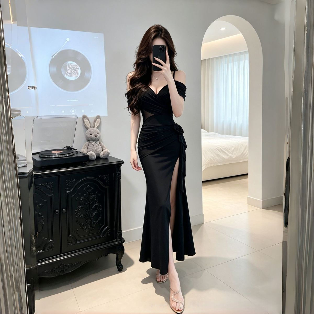 露肩吊带网纱开叉显瘦晚礼服裙