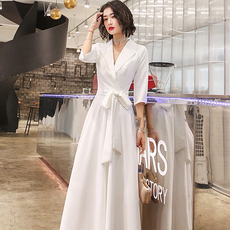 白色小晚礼服裙女秋冬宴会气质名媛主持人长款订婚连衣裙平时可穿