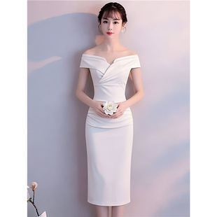 宴会晚礼服女新款伴娘服一字肩名媛晚会派对修显瘦短款礼服连衣裙