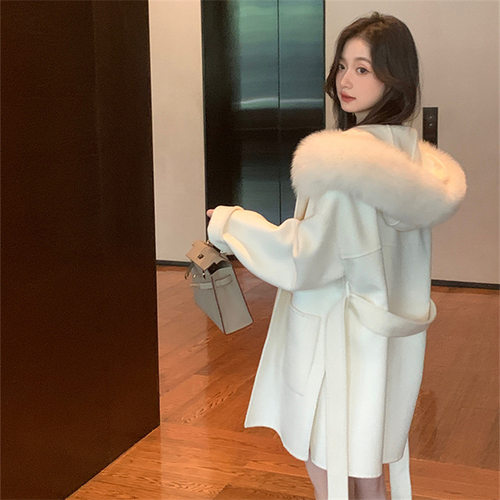 雪后26秋冬新款狐狸毛领连帽高级感双面羊绒大衣女中长款毛呢外套