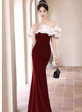 2024新款夏红色一字肩气质名媛宴会礼服主持人连衣裙修身鱼尾