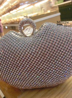 2025指环钻包苹果型双面水钻晚宴包结婚伴娘礼服包宴会钻包手拿包