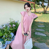 法式温柔风粉色飞飞袖甜美连衣裙女夏季2025新款宽松显瘦初恋裙，女装连衣裙，2C110