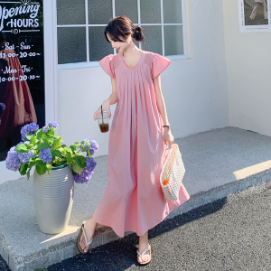 法式温柔风粉色飞飞袖甜美连衣裙女夏季2025新款宽松显瘦初恋裙图片