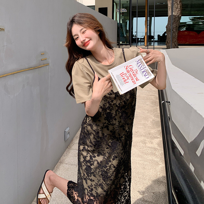 新款 【现货】 夏季蕾丝吊带+T恤裙两件套H1152-P125-K188图片