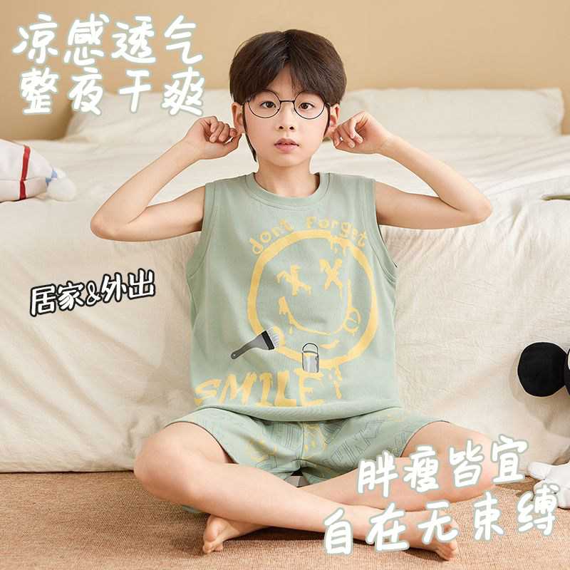 男童纯棉无袖背心套装夏季薄款卡通印花家居服大童睡衣