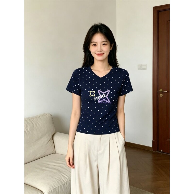 波点印花正肩短袖女生T恤V领